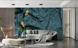 Teal velvet animal wallpaper close-up in hallway, showing metallic details