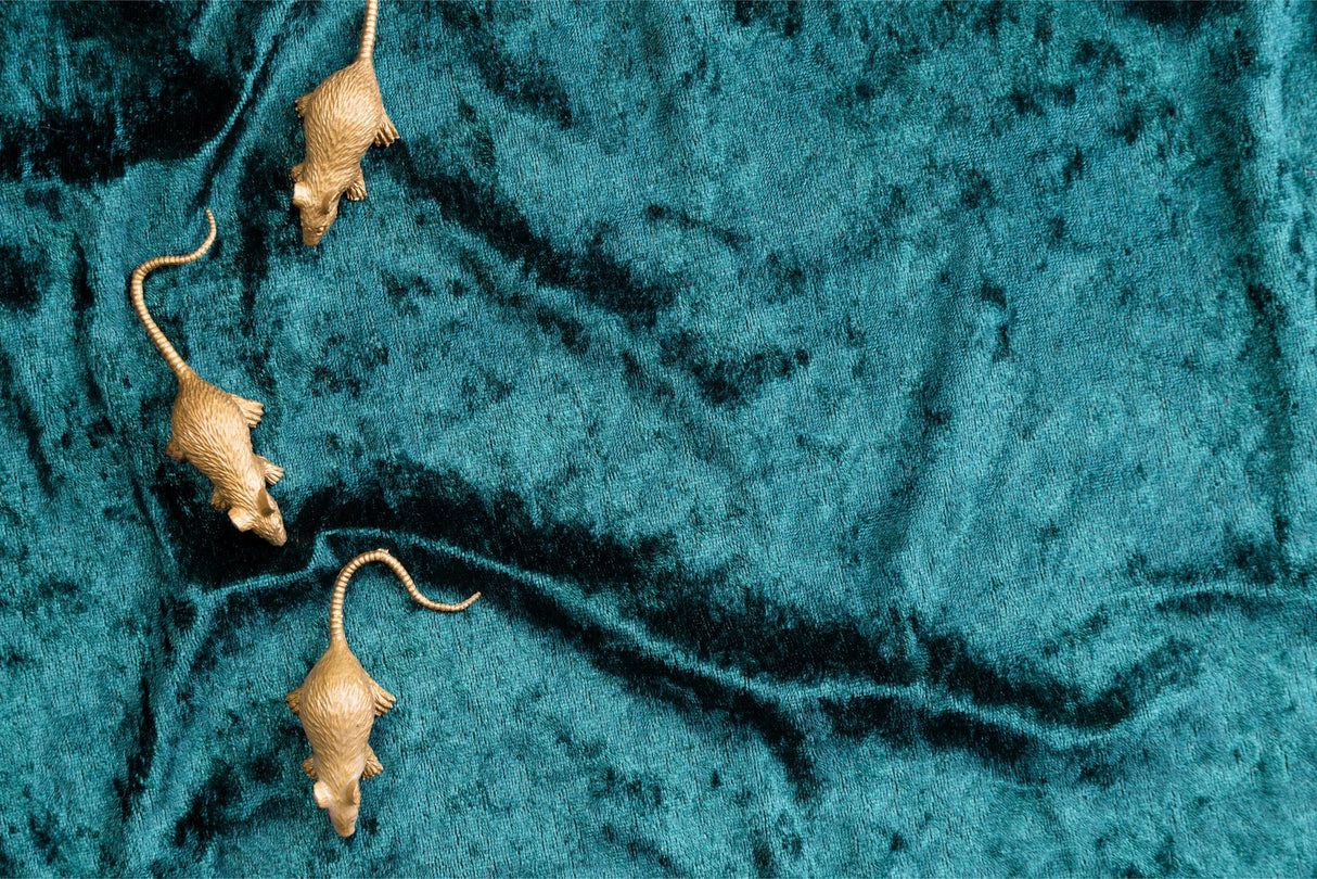 Golden mice on teal velvet design file showing intricate pattern details and rich color palette