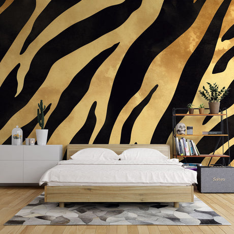Black and gold tiger print wallpaper creating drama in a modern living room with contemporary furniture