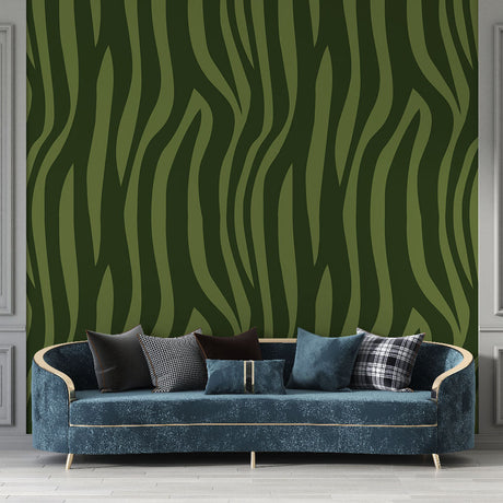 Modern green zebra print wallpaper mural displayed in a bright contemporary living room with minimal furniture