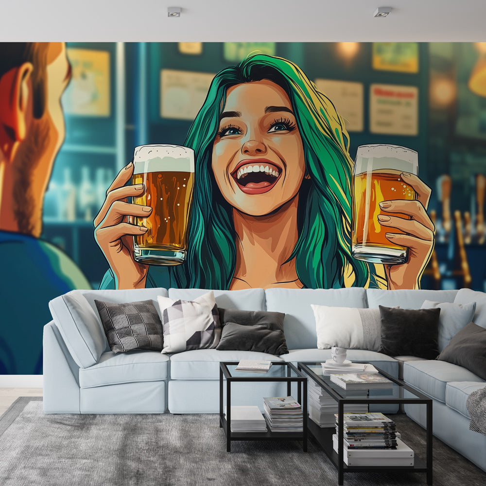 Modern anime bar wallpaper mural displayed in a stylish restaurant lounge, creating an immersive atmosphere with emerald-green accents