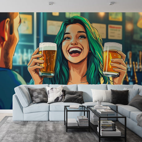 Modern anime bar wallpaper mural displayed in a stylish restaurant lounge, creating an immersive atmosphere with emerald-green accents