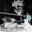 Black and blue anime warrior wallpaper creating dramatic impact in modern gaming room setup