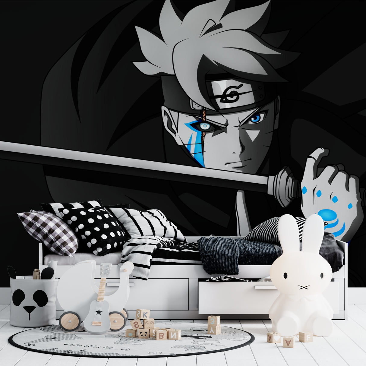 Black and blue anime warrior wallpaper creating dramatic impact in modern gaming room setup