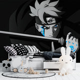 Black and blue anime warrior wallpaper creating dramatic impact in modern gaming room setup