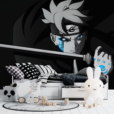Black and blue anime warrior wallpaper creating dramatic impact in modern gaming room setup