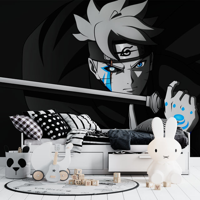 Black and blue anime warrior wallpaper creating dramatic impact in modern gaming room setup