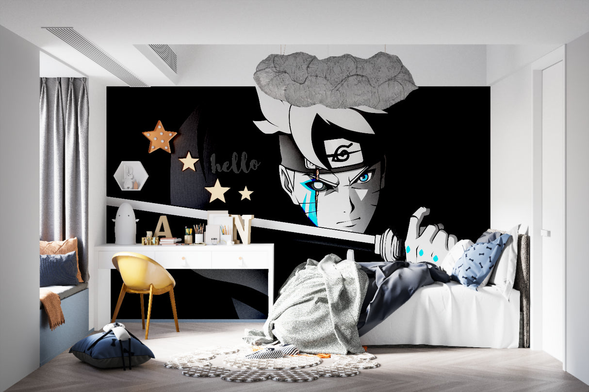 Japanese anime wall mural showcased in teen bedroom with LED lighting