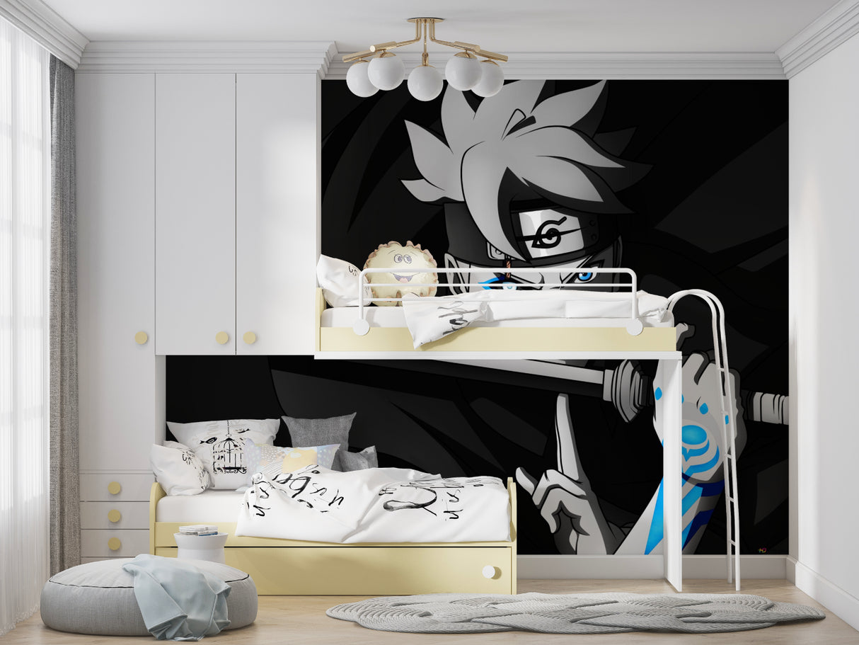 Anime warrior mural making statement in contemporary living room space