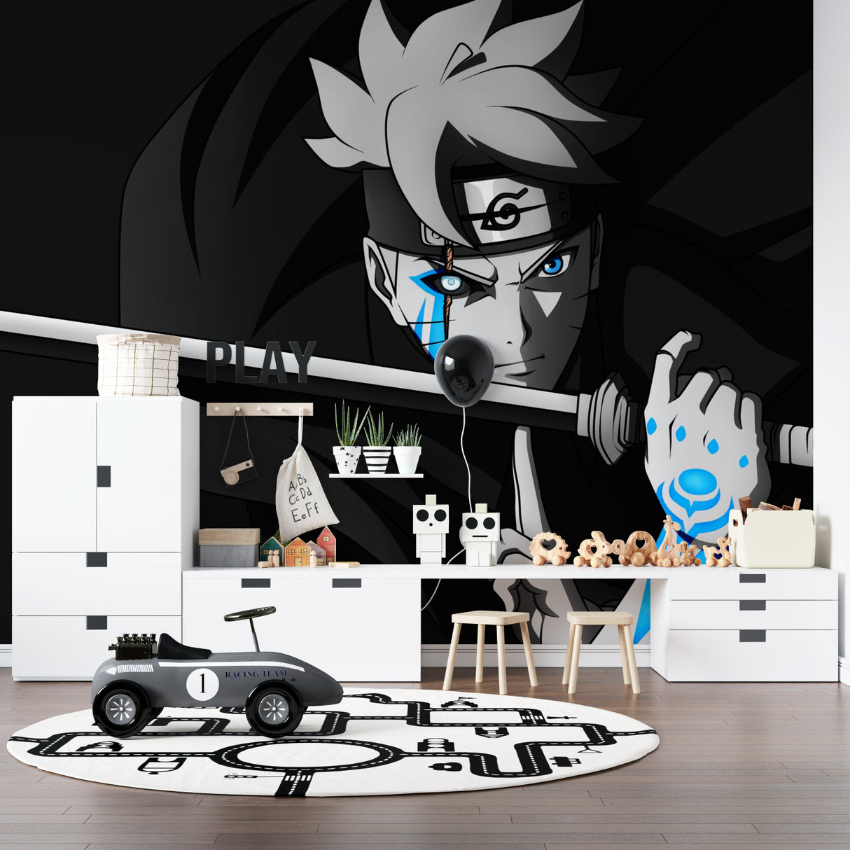 Black and blue manga wallpaper transforming modern home office setup