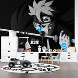 Black and blue manga wallpaper transforming modern home office setup
