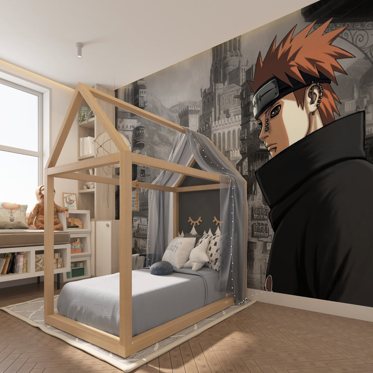 Anime castle wallpaper in modern teen bedroom, creating a dramatic black and grey fantasy atmosphere