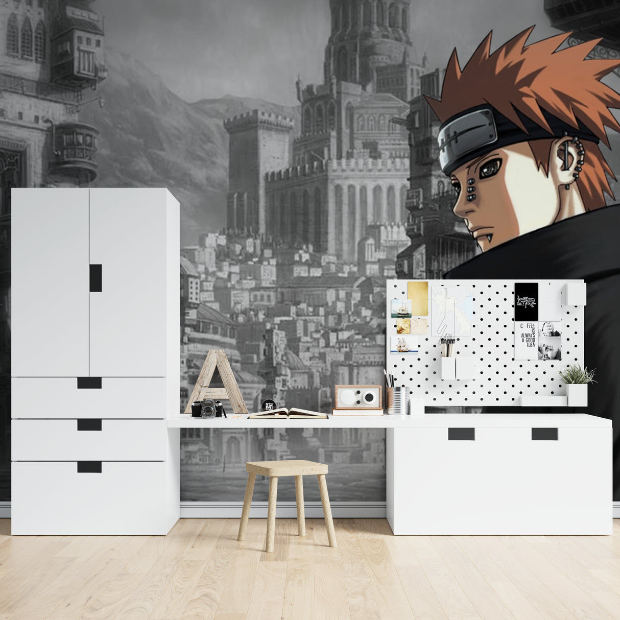 Manga style castle wallpaper in home office showing architectural details
