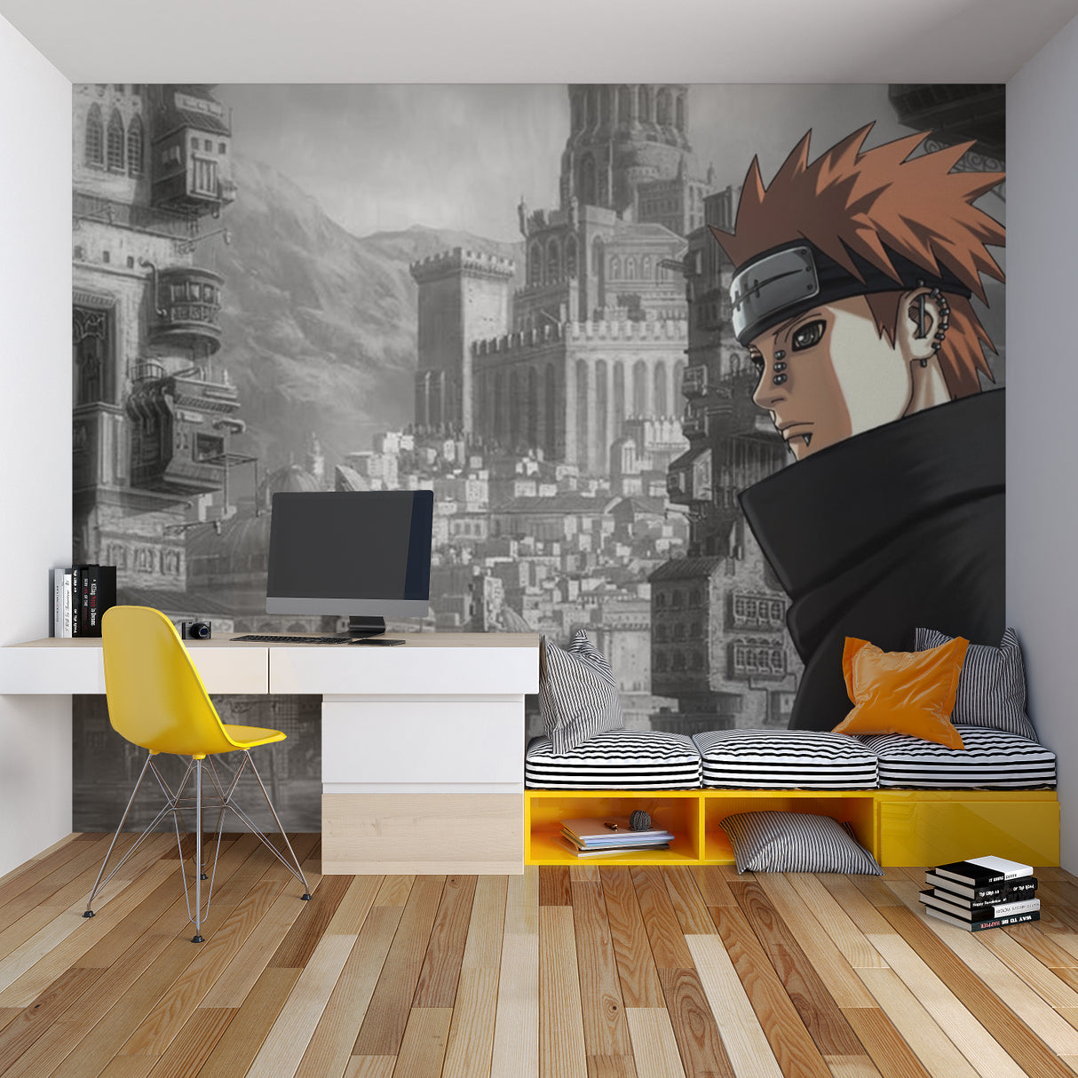 Japanese anime castle mural in living room with monochrome design