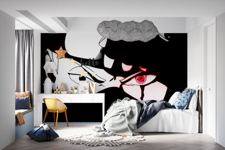 Anime eyes wallpaper mural creating drama in a modern gaming room with black and red accents