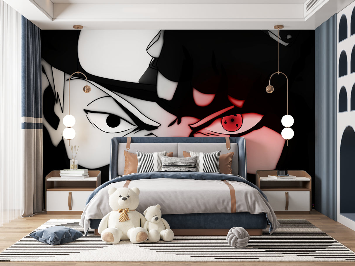 Striking anime wall mural displayed in a teen bedroom with LED lighting effects