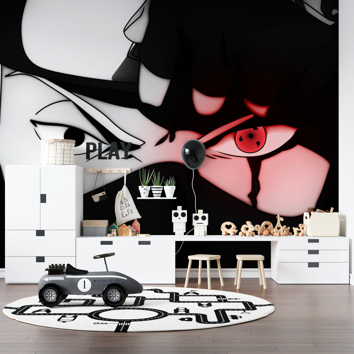 Japanese anime wallpaper installation in a stylish entertainment room setup