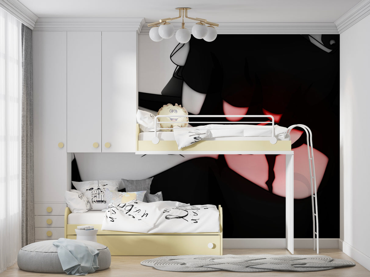 Manga-inspired mural bringing character to a modern apartment living space