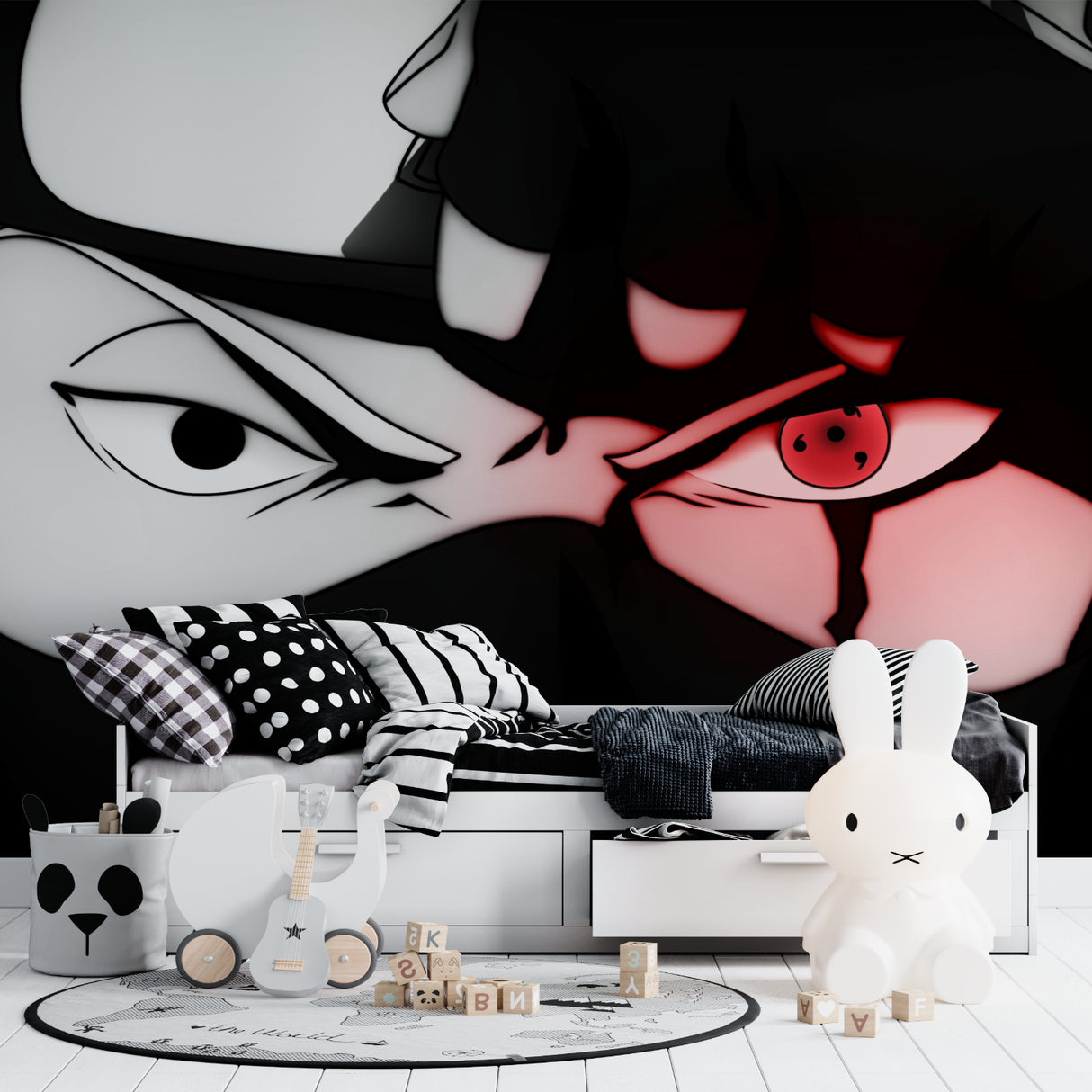 Anime eyes feature wall transforming a minimalist bedroom design