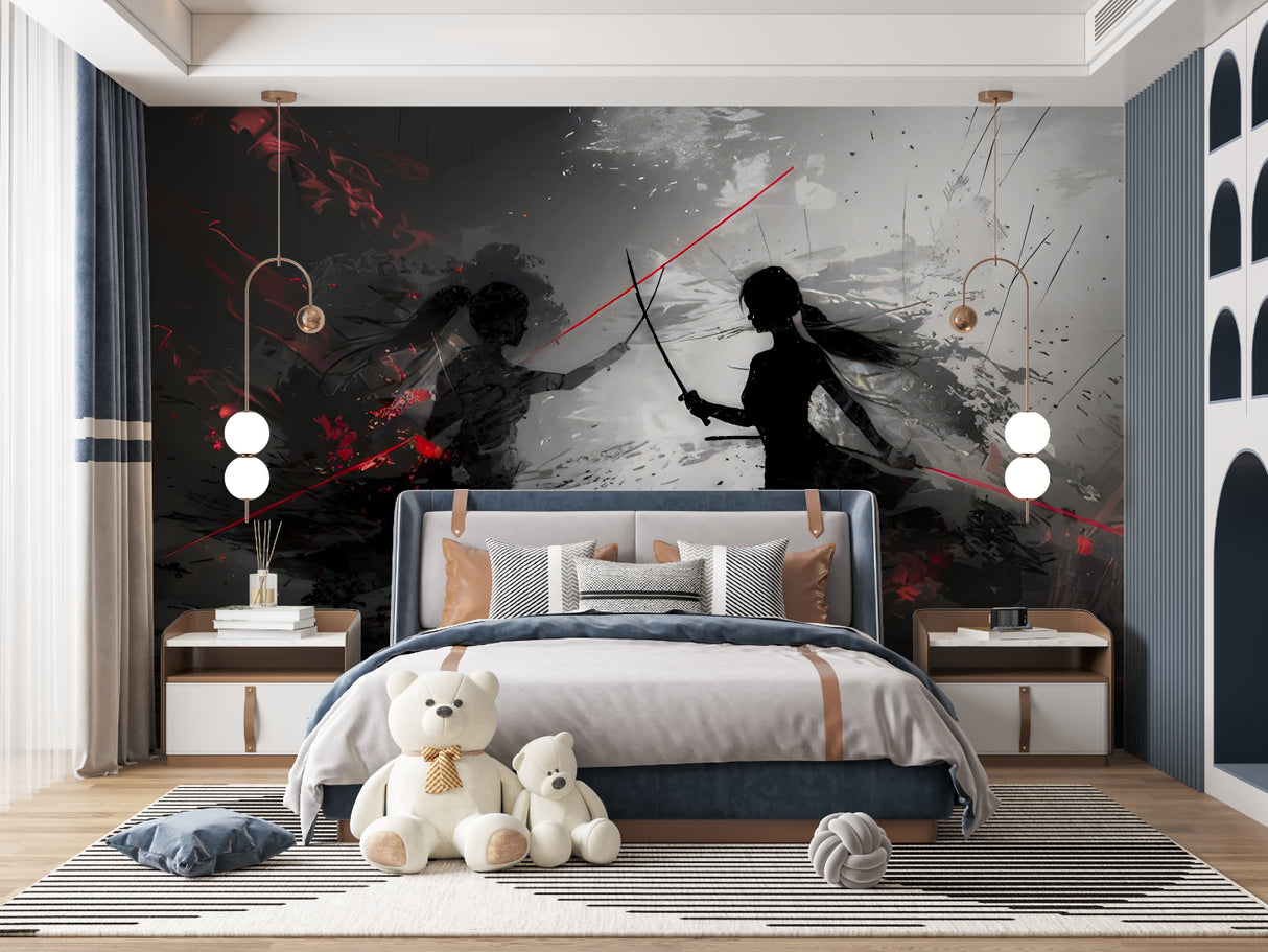Anime battle wallpaper creating dramatic impact in modern gaming room with red and black design