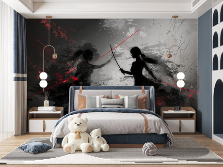 Anime battle wallpaper creating dramatic impact in modern gaming room with red and black design