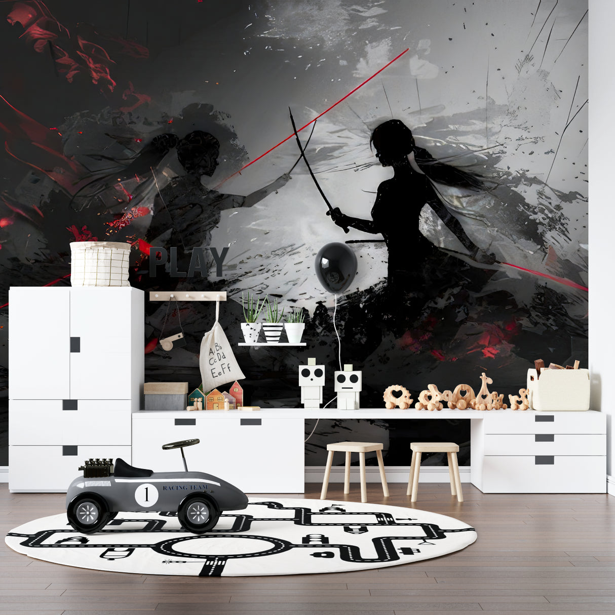 Black and red anime mural installed in teen bedroom showing epic combat scene
