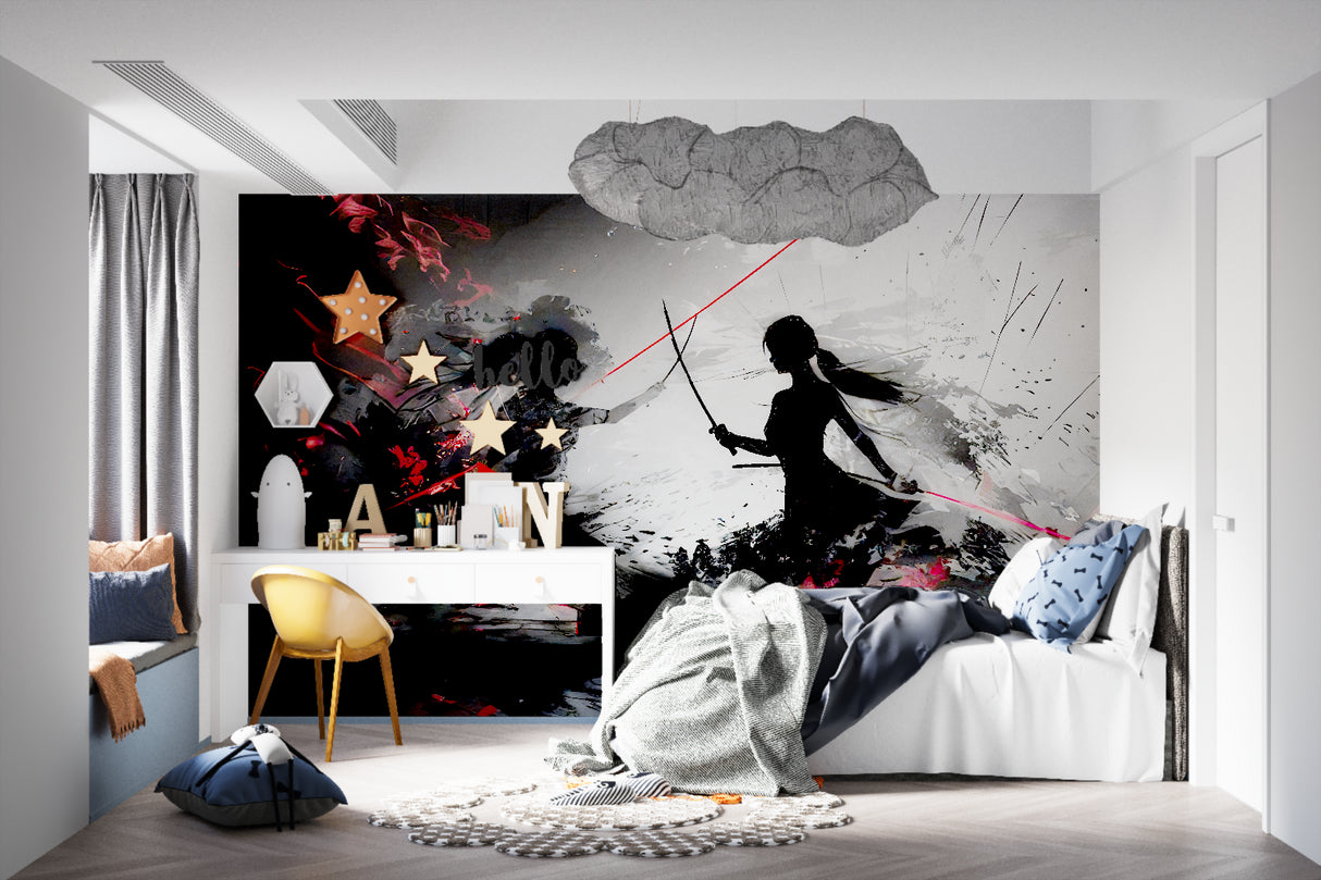 Japanese anime wallpaper displayed in contemporary living room with dynamic silhouettes