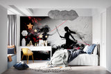 Japanese anime wallpaper displayed in contemporary living room with dynamic silhouettes