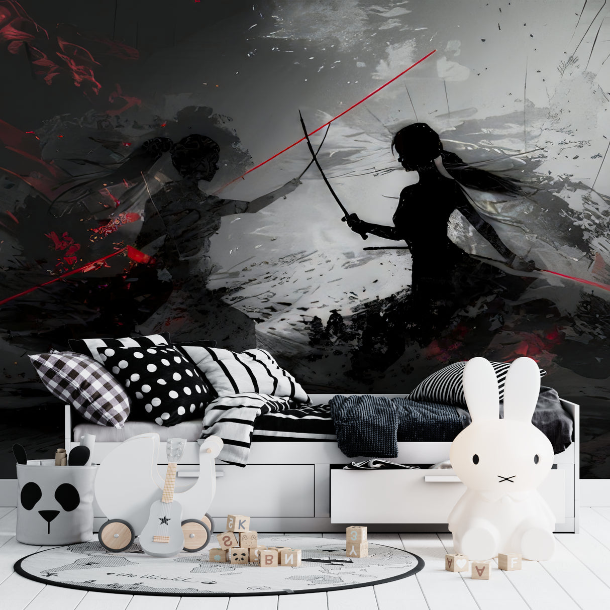 Anime battle scene mural bringing energy to home theater with striking red accents