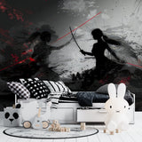 Anime battle scene mural bringing energy to home theater with striking red accents
