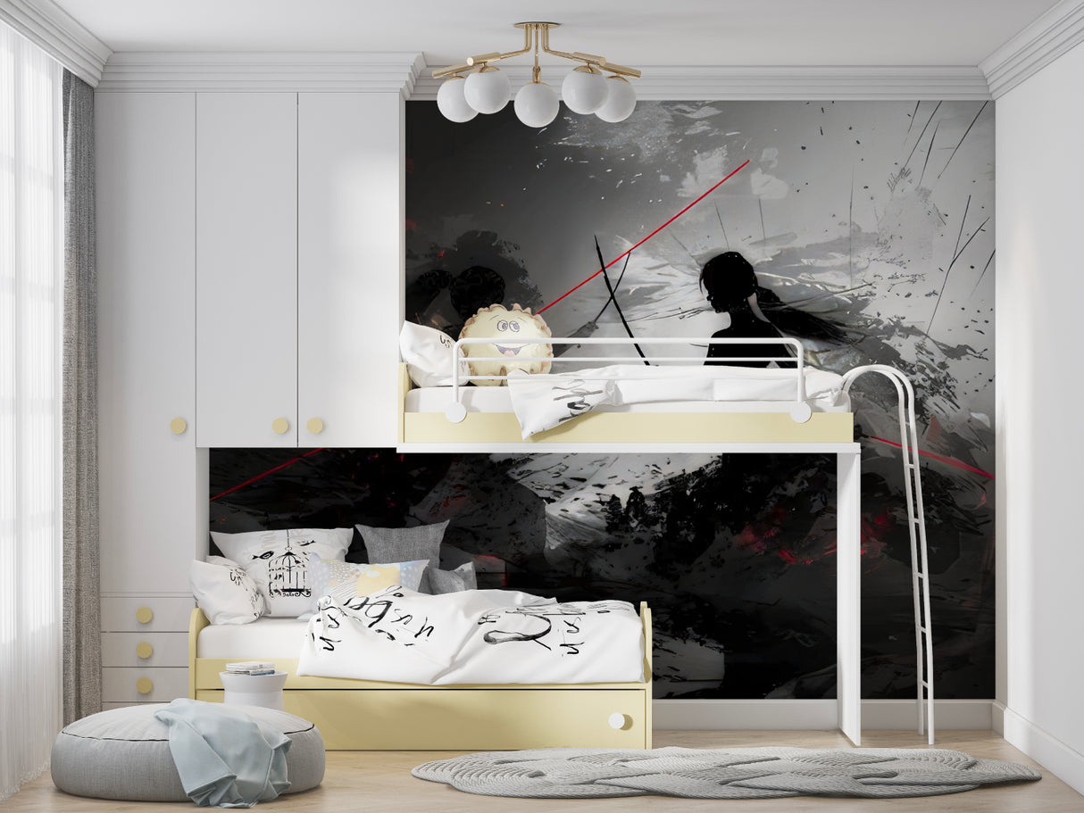 Dynamic anime wall mural showcased in entertainment room with bold contrast
