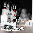 Anime eyes wallpaper creating drama in modern teen bedroom with gaming setup