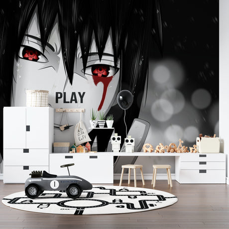Anime eyes wallpaper creating drama in modern teen bedroom with gaming setup