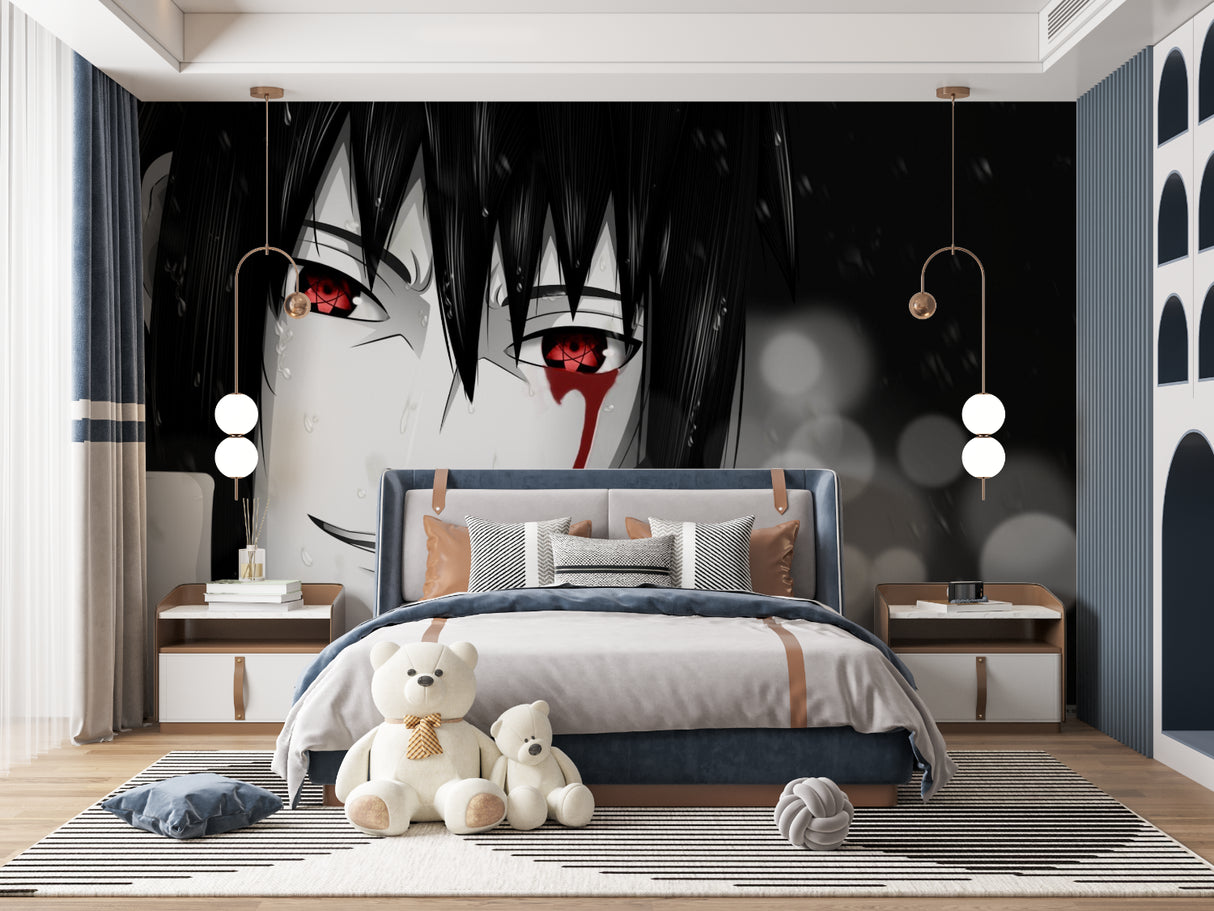 Black and red anime wallpaper bringing energy to studio apartment