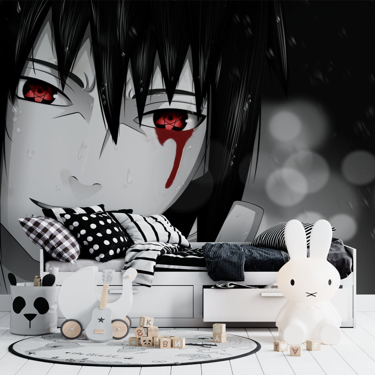 Dramatic anime eyes mural transforming home office space