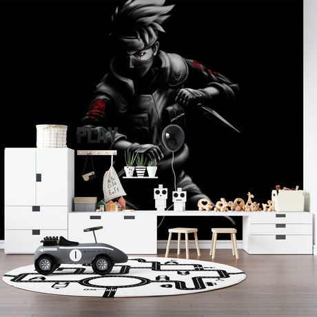 Anime Ninja Warrior wallpaper in modern gaming room showing dramatic black and red design