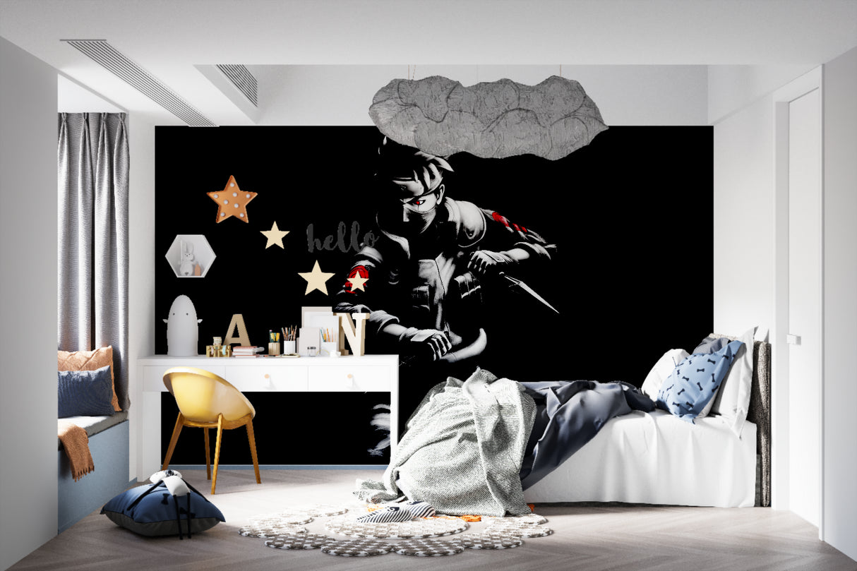 Teen bedroom featuring Japanese Warrior wall mural with striking red accents