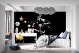 Teen bedroom featuring Japanese Warrior wall mural with striking red accents