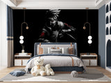 Urban style room showcasing anime warrior wallpaper in dramatic lighting
