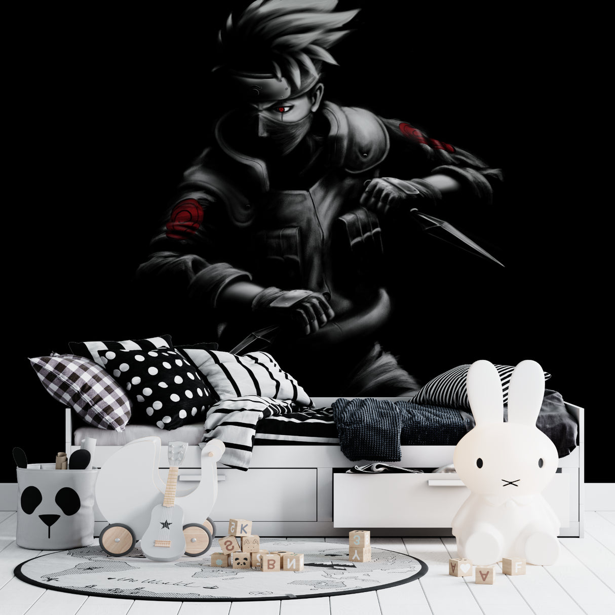 Home office with Japanese anime wall mural creating bold atmosphere