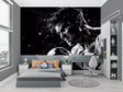 Black and white anime boxing mural in modern teen bedroom showing dynamic motion effects