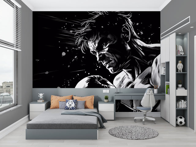 Black and white anime boxing mural in modern teen bedroom showing dynamic motion effects