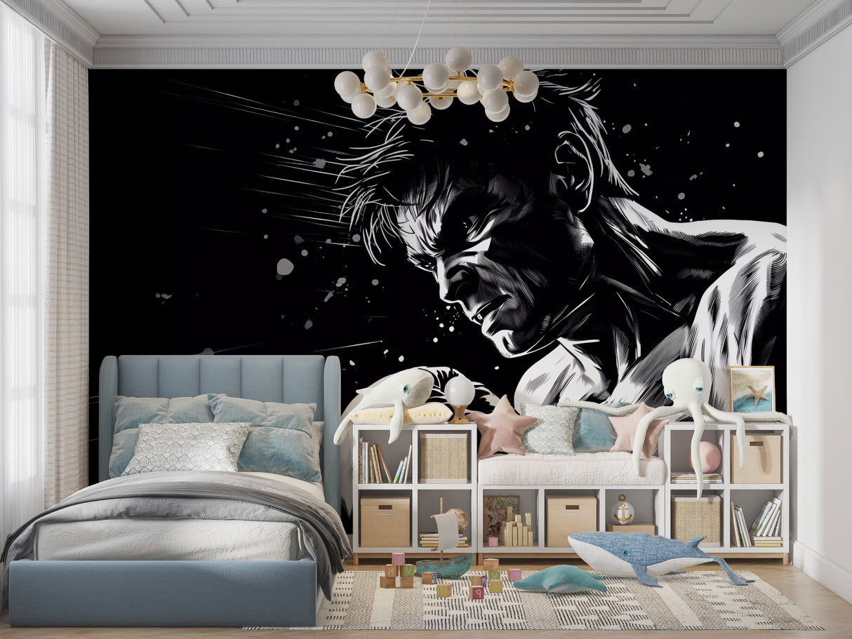 Monochrome anime wall mural in gaming room with dramatic lighting
