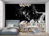 Monochrome anime wall mural in gaming room with dramatic lighting