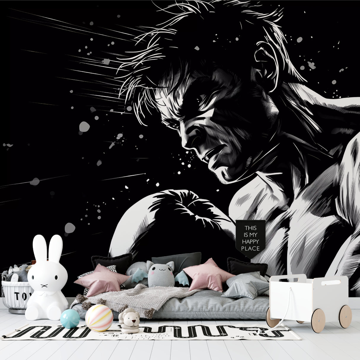 Black and white manga mural adding artistic flair to modern living room