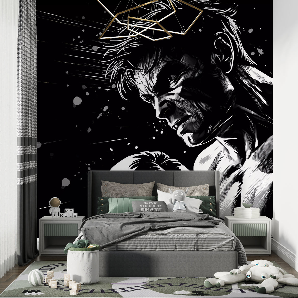 Anime wall design showcased in contemporary studio apartment