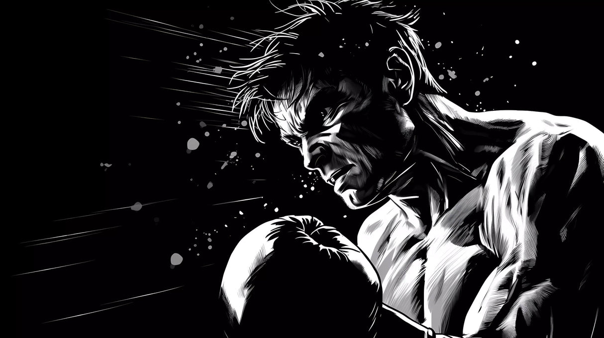 Design file of black and white anime boxing artwork showing detailed motion lines and contrast