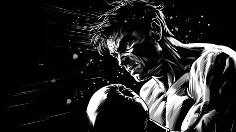 Design file of black and white anime boxing artwork showing detailed motion lines and contrast