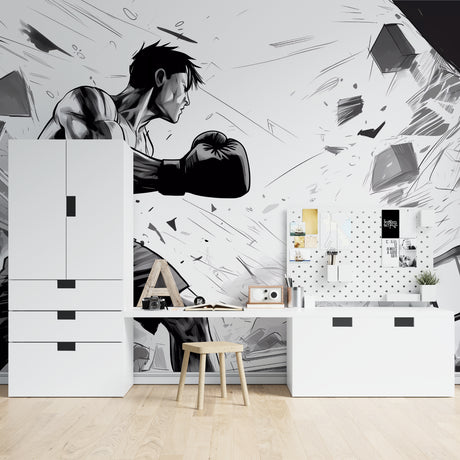 Anime boxing wallpaper in modern minimalist home gym showing dynamic black and white design