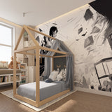 Manga style boxing wallpaper displayed in urban living room setting